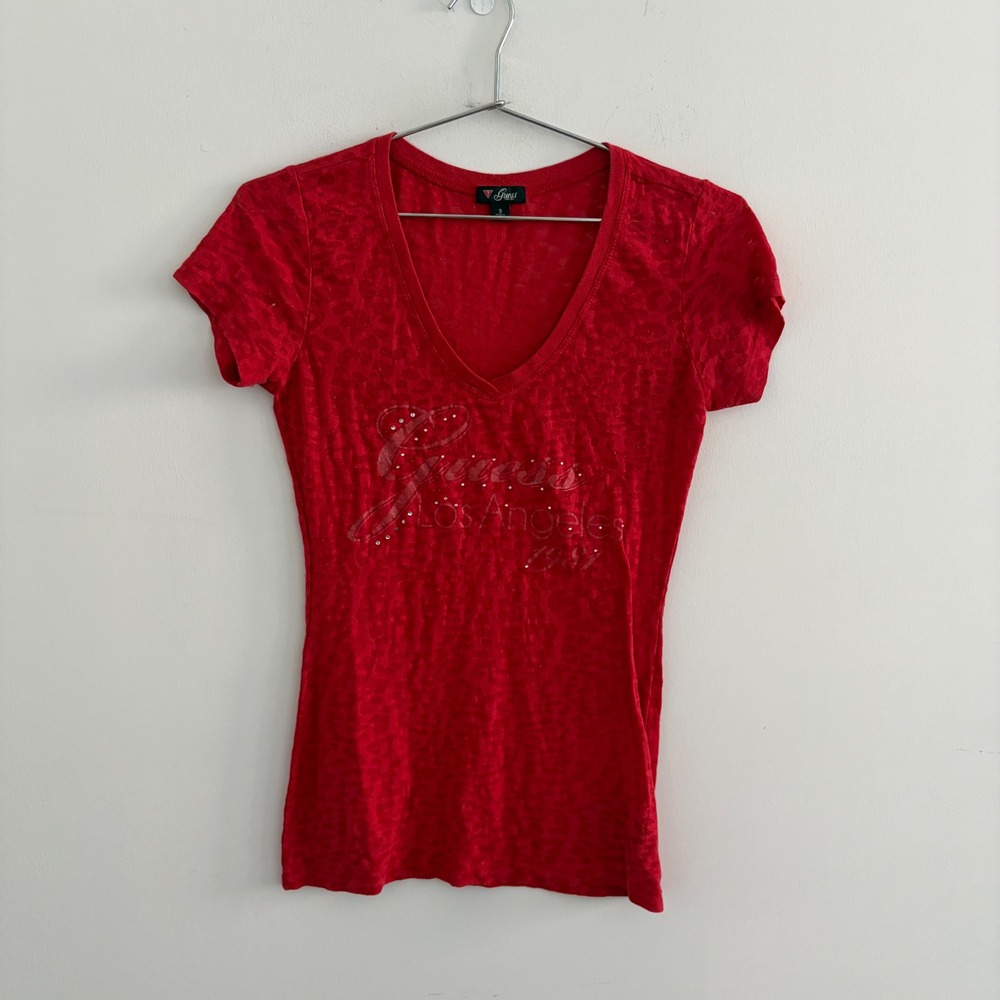Guess Los Angeles 1981 Red Burnout Leopard V-Neck T-Shirt Small